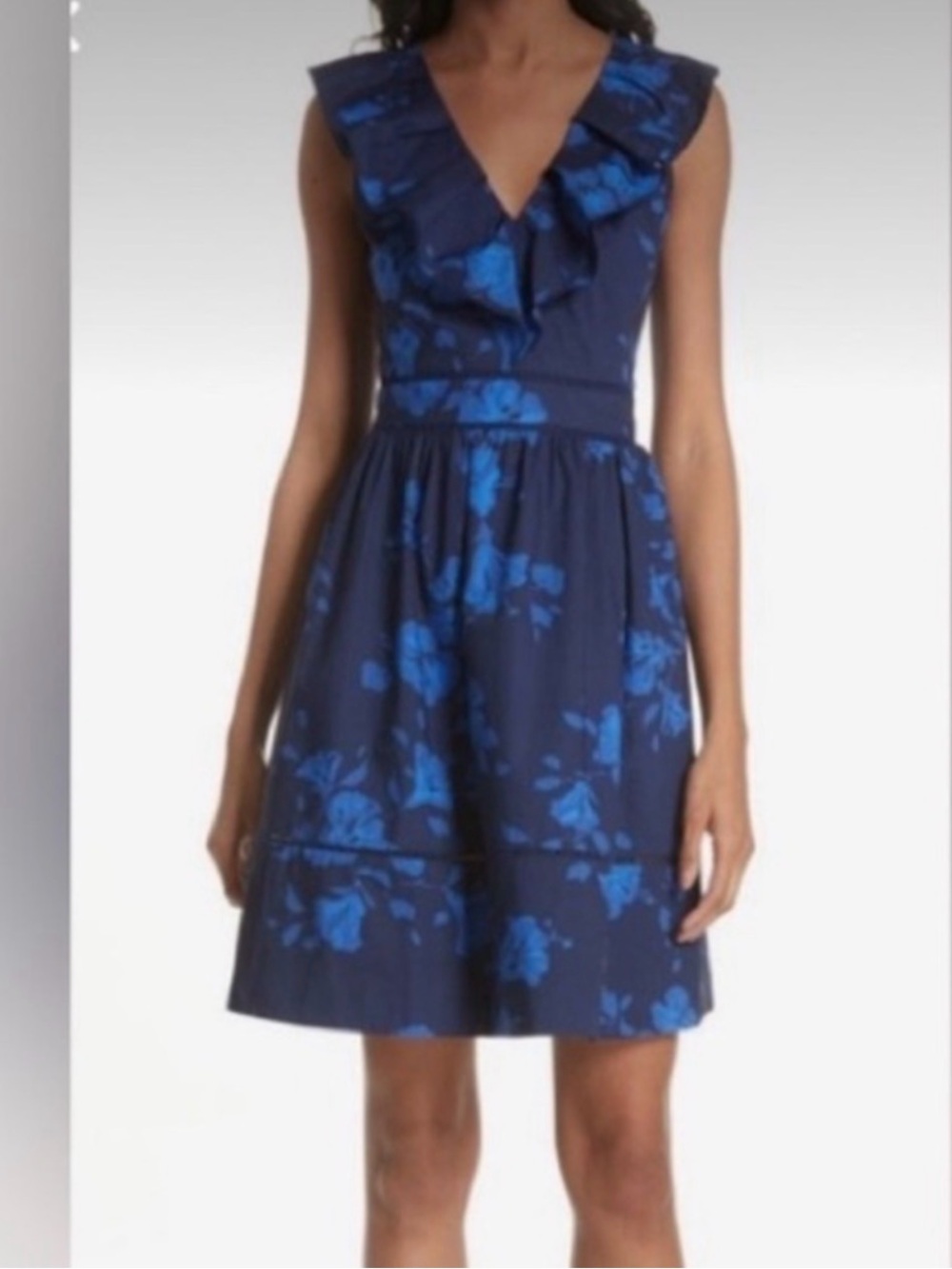Kate Spade Blue Floral Hibiscus V-Neck Ruffle Dress